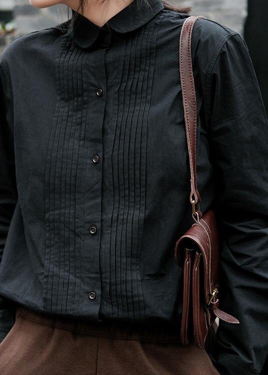 Simple Black Crane Tops Lapel Cinched Oversized Spring Blouse