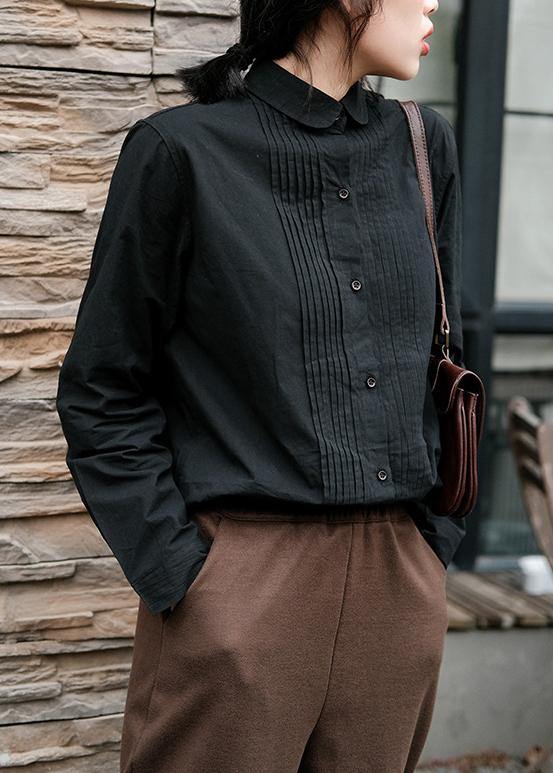Simple Black Crane Tops Lapel Cinched Oversized Spring Blouse