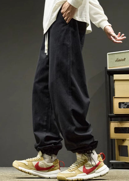 Simple Black Drawstring Warm Fleece Beam Pants Spring