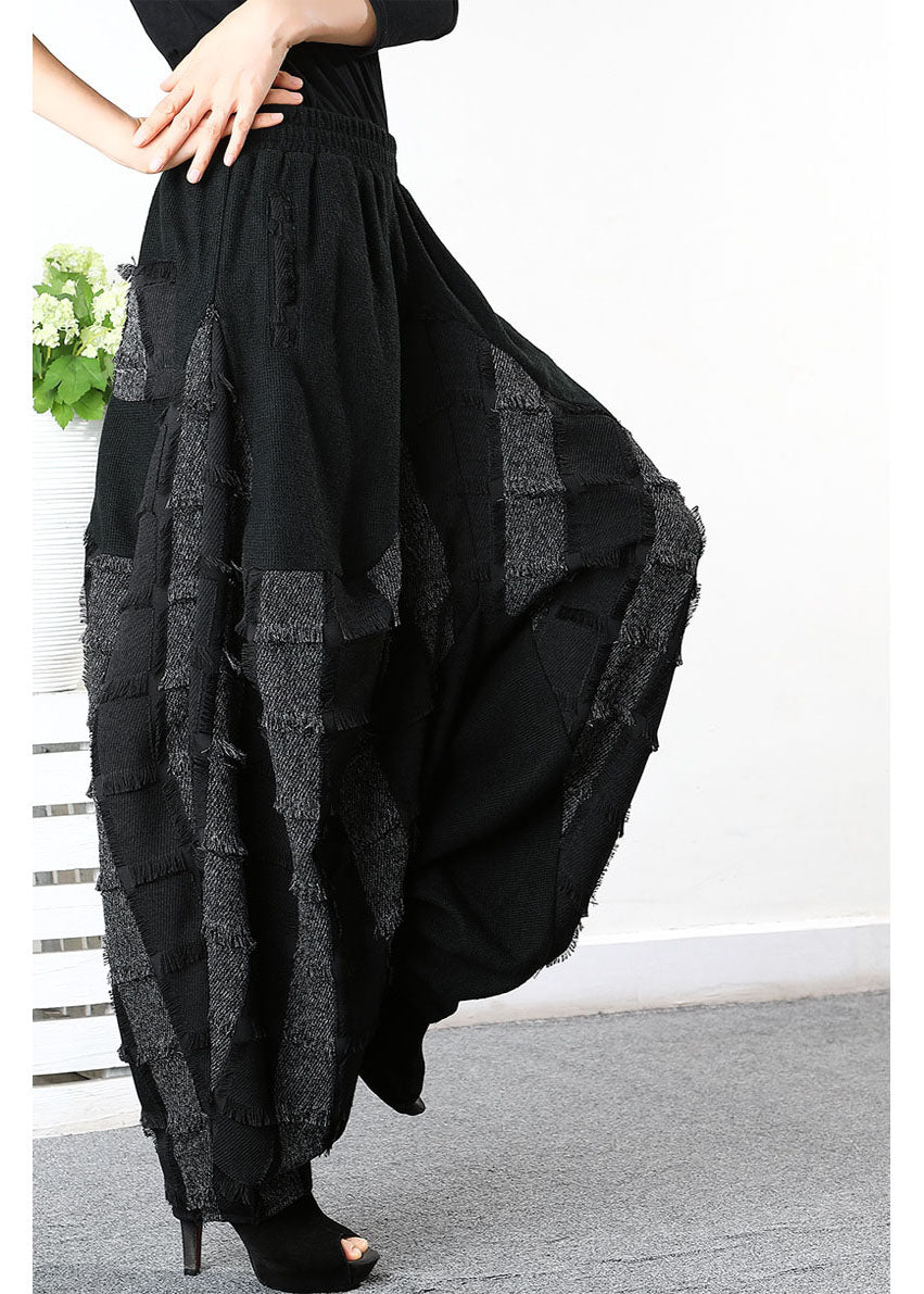 Simple Black Grey Patch Applique Striped Pants Spring
