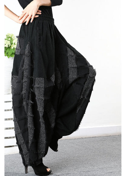Simple Black Grey Patch Applique Striped Pants Spring