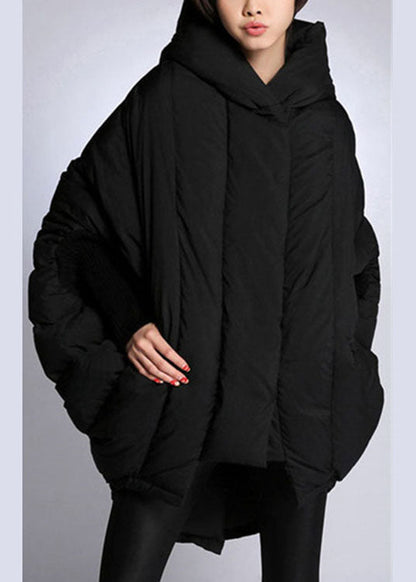 Simple Black Loose Pockets Asymmetrical Design Winter Duck Down Jacket
