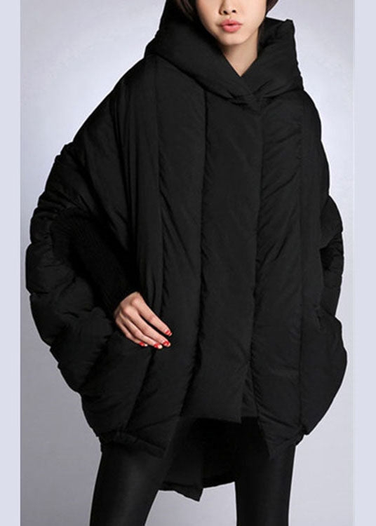 Simple Black Loose Pockets Asymmetrical Design Winter Duck Down Jacket