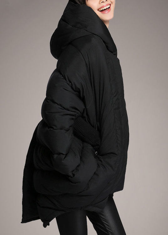Simple Black Loose Pockets Asymmetrical Design Winter Duck Down Jacket