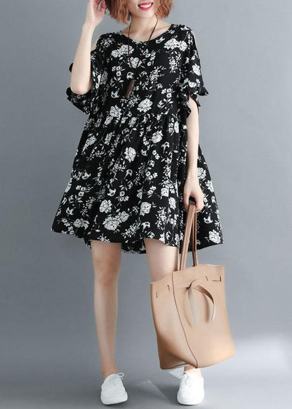 Simple Black Loose Print Summer Party Mini Dress Half Sleeve
