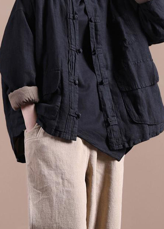 Simple Black O-neck Pockets Button Thick Coat Long Sleeve