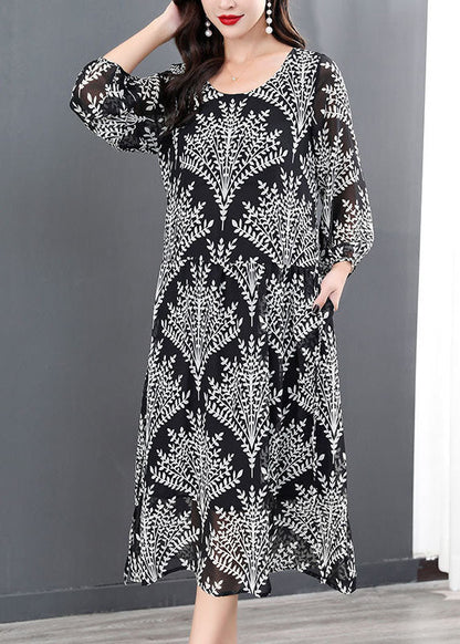Simple Black O-neck Print Chiffon a Line Dresses Long Sleeve
