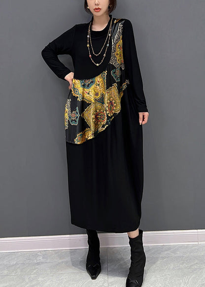 Simple Black O-neck Print Vacation Dresses Fall