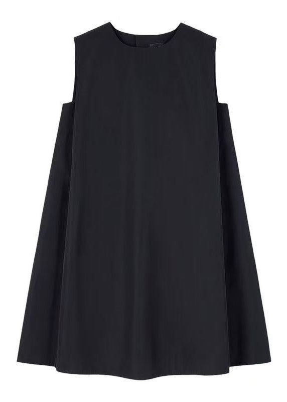 Simple Black O Neck Pockets Cotton Mid Dress Sleeveless