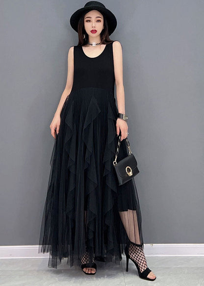 Simple Black O-neck Tulle Patchwork Cotton Dresses Sleeveless