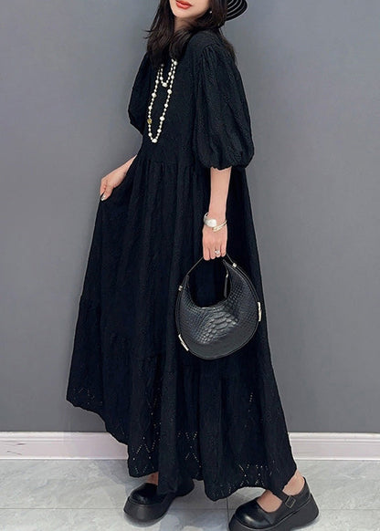 Simple Black O-neck Wrinkled Elastic Waist Long Dress Summer