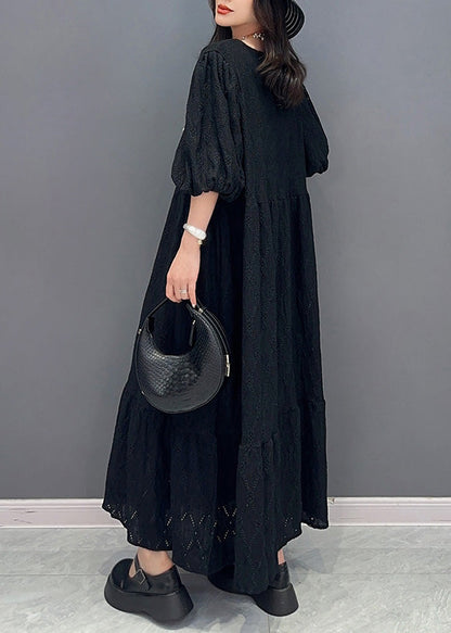 Simple Black O-neck Wrinkled Elastic Waist Long Dress Summer