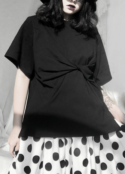 Simple Black O-neck Wrinkled Low High Design T Shirt Short Sleeve
