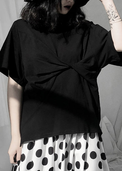 Simple Black O-neck Wrinkled Low High Design T Shirt Short Sleeve
