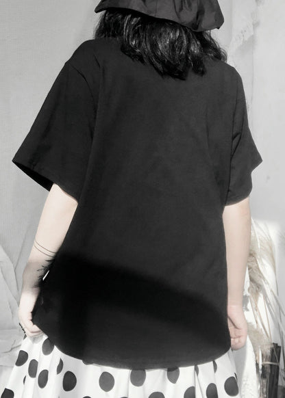Simple Black O-neck Wrinkled Low High Design T Shirt Short Sleeve