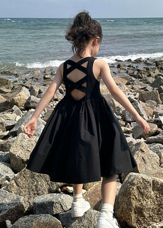 Simple Black O Neck Wrinkled Patchwork Cotton Baby Dresses Sleeveless