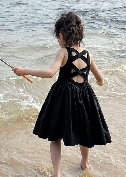 Simple Black O Neck Wrinkled Patchwork Cotton Baby Dresses Sleeveless