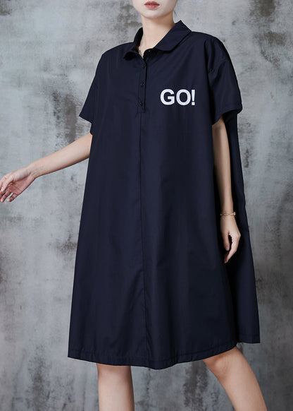 Simple Black Oversized Go Print Cotton Shirt Dress Spring