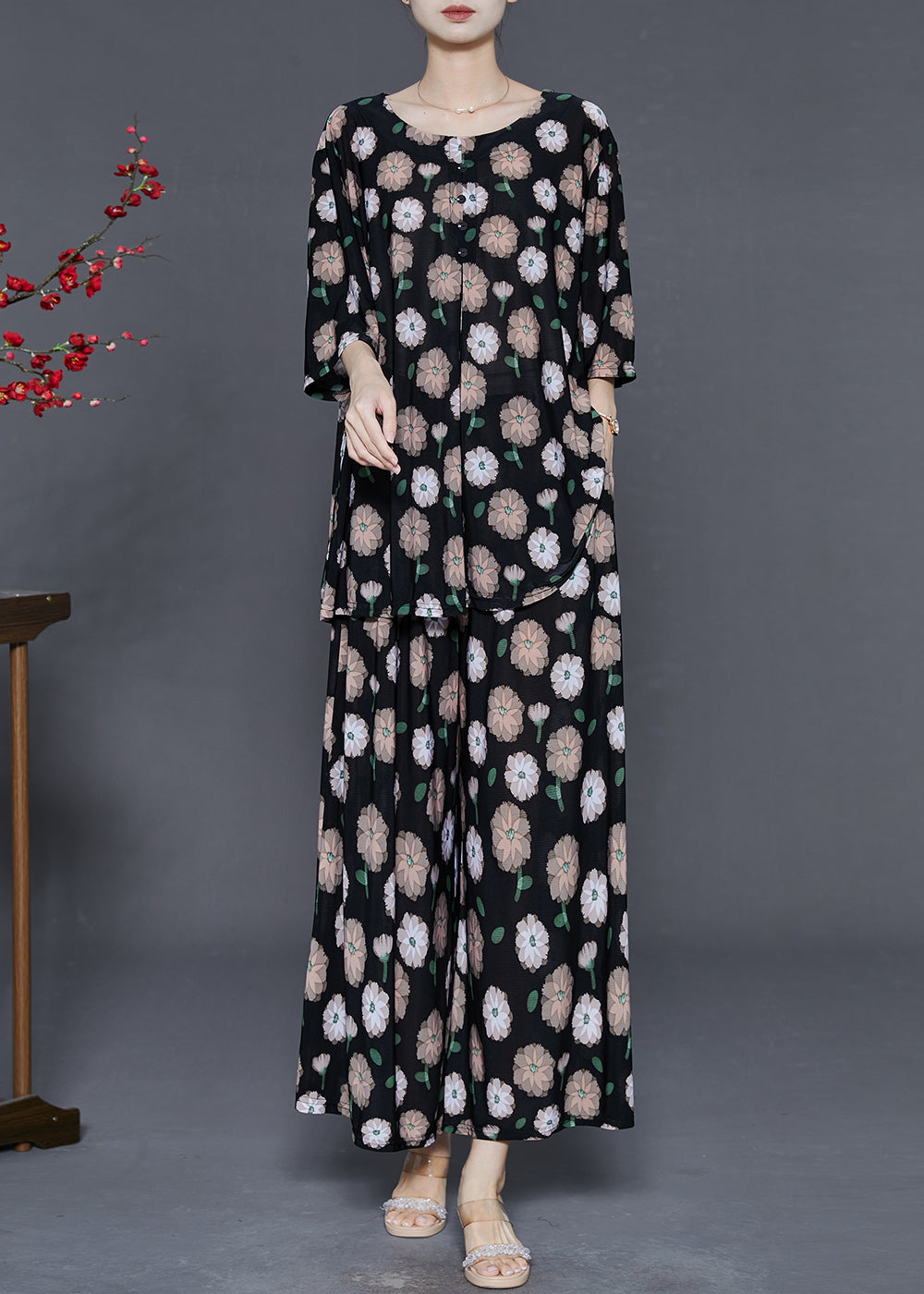 Simple Black Oversized Print Sets 2 Pieces Summer