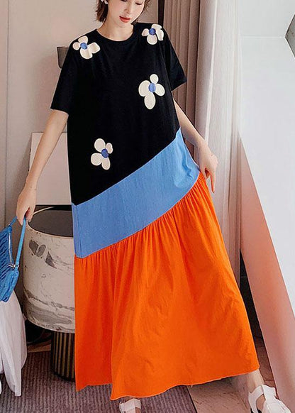 Simple Black Patchwork Print Summer Holiday Dress Short Sleeve