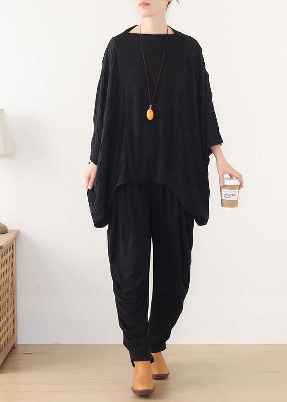 Simple Black Patchwork Wrinkled Batwing Sleeve Fall Shirt Tops