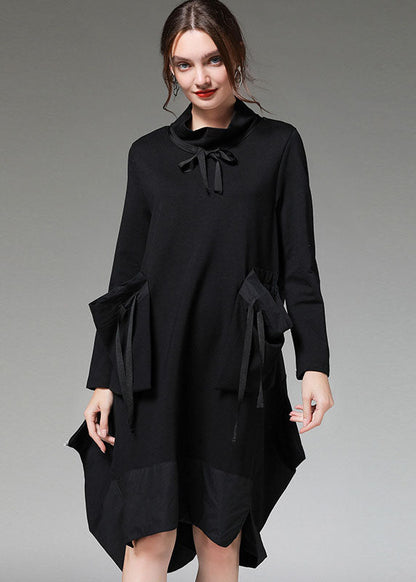 Simple Black Patchwork Asymmetrical Design Pockets Robe Dresses Fall