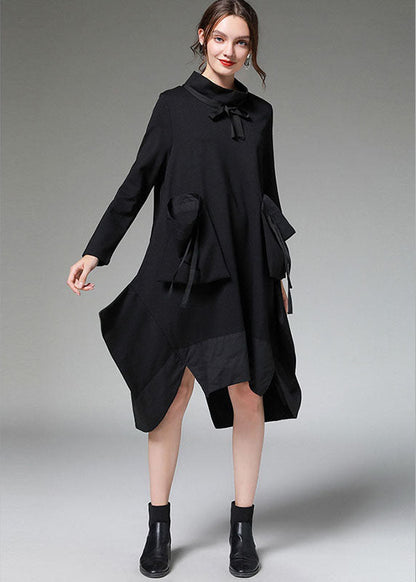 Simple Black Patchwork Asymmetrical Design Pockets Robe Dresses Fall