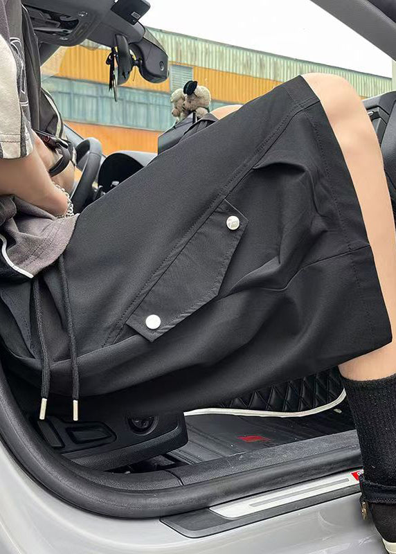 Simple Black Pockets Drawstring Ice Silk Shorts Summer