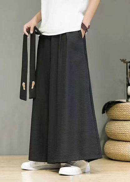 Simple Black Pockets Elastic Waist Cotton Wide Leg Pants Summer
