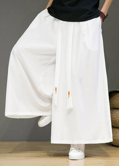 Simple Black Pockets Elastic Waist Cotton Wide Leg Pants Summer
