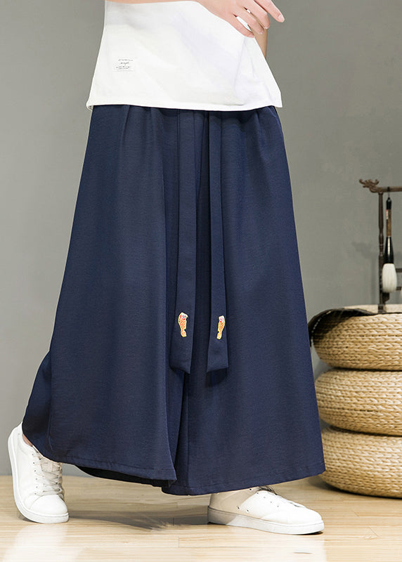 Simple Black Pockets Elastic Waist Cotton Wide Leg Pants Summer