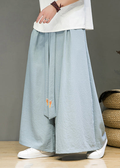 Simple Black Pockets Elastic Waist Cotton Wide Leg Pants Summer