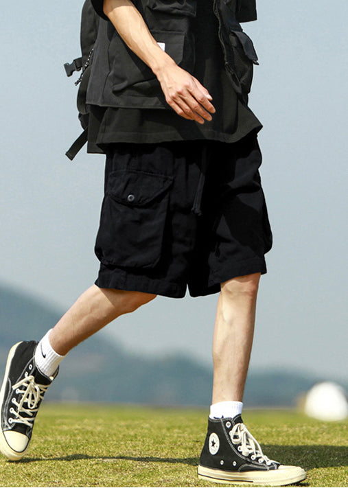 Simple Black Pockets Elastic Waist Cotton Shorts Summer