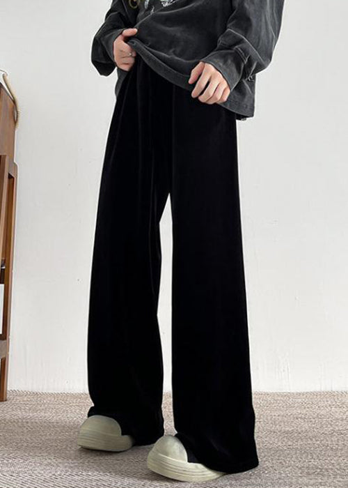 Simple Black Pockets Warm Fleece Velour Pants Spring