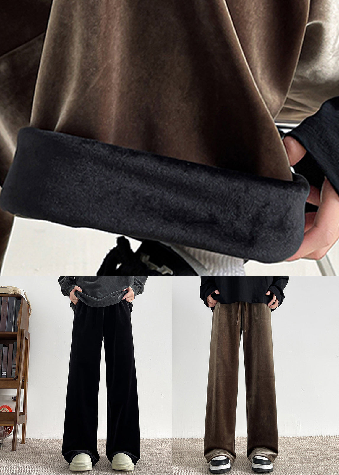 Simple Black Pockets Warm Fleece Velour Pants Spring