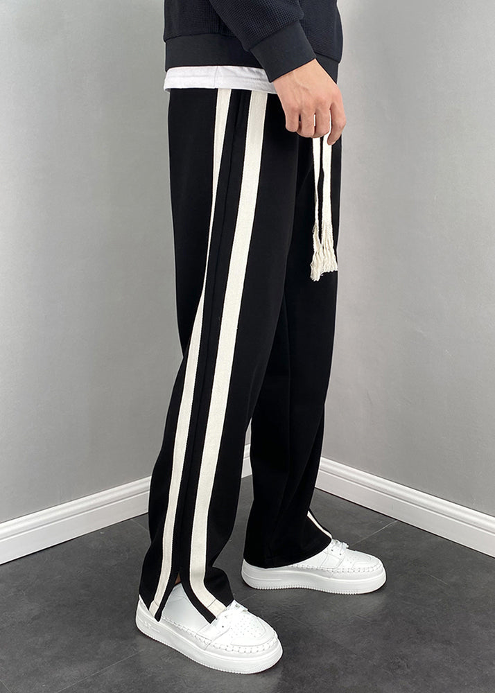 Simple Black Pockets Striped Patchwork Cotton Pants Summer