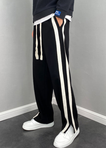 Simple Black Pockets Striped Patchwork Cotton Pants Summer