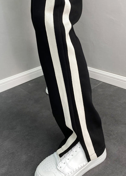 Simple Black Pockets Striped Patchwork Cotton Pants Summer