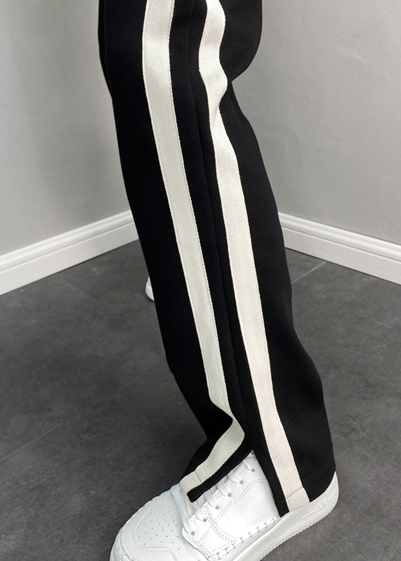 Simple Black Pockets Striped Patchwork Cotton Pants Summer