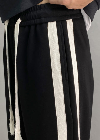 Simple Black Pockets Striped Patchwork Cotton Pants Summer