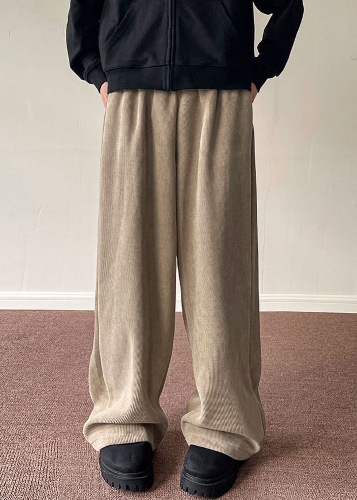 Simple Black Pockets Thick Corduroy Wide Leg Pants Spring