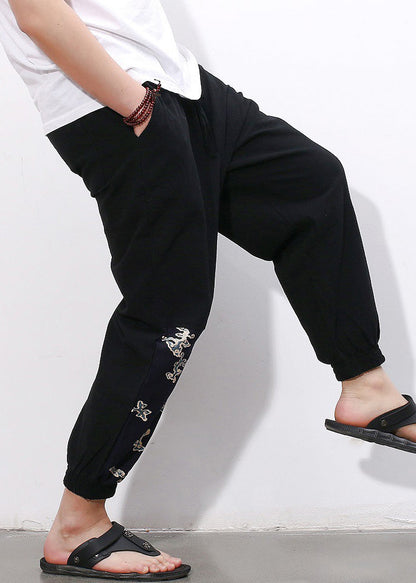 Simple Black Print Pockets Cotton Crop Pants Summer