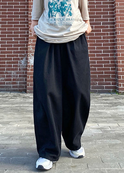 Simple Black Elastic Waist Cotton Pants Summer