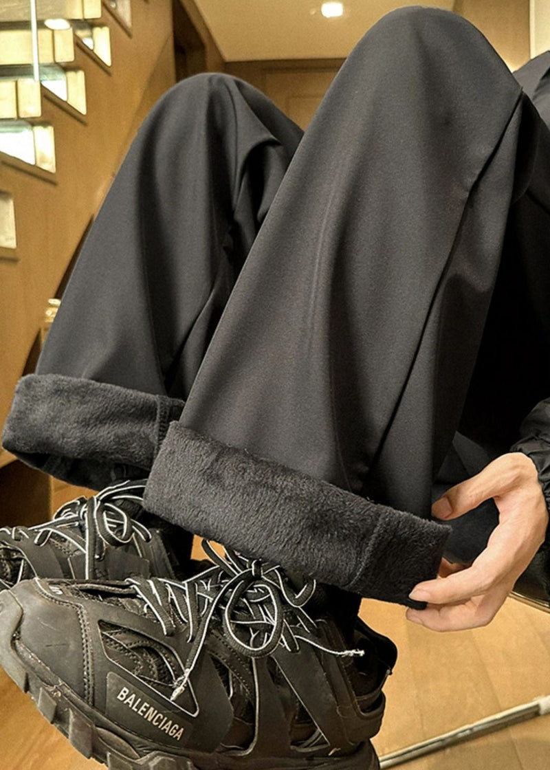 Simple Black Elastic Waist Warm Fleece Pants Spring