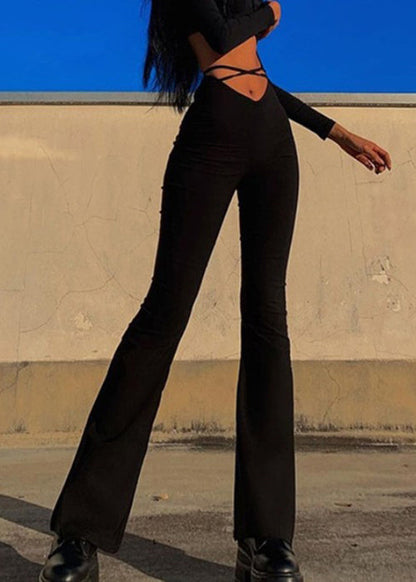 Simple Black High Waist Cotton Flared Trousers Spring