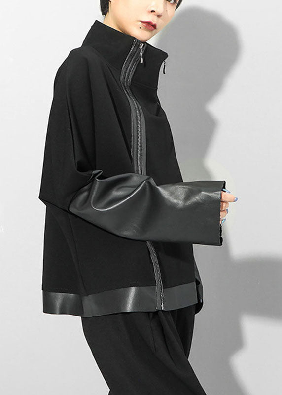 Simple Black Stand Collar Zippered Pu Patchwork Fall Long Sleeve Coat
