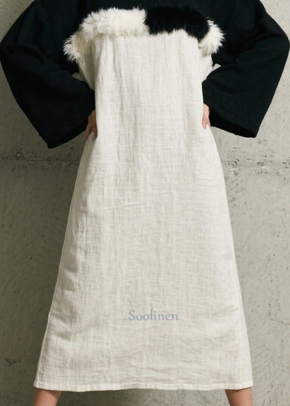 Simple Black White Patchwork Faux Fur Maxi Dress Fall