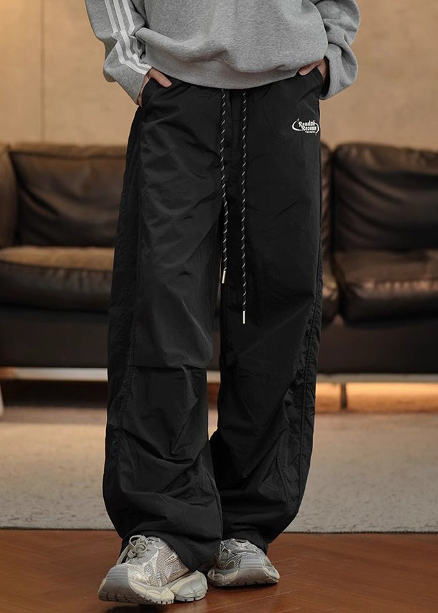 Simple Black Wrinkled Elastic Waist Cotton Pants Spring