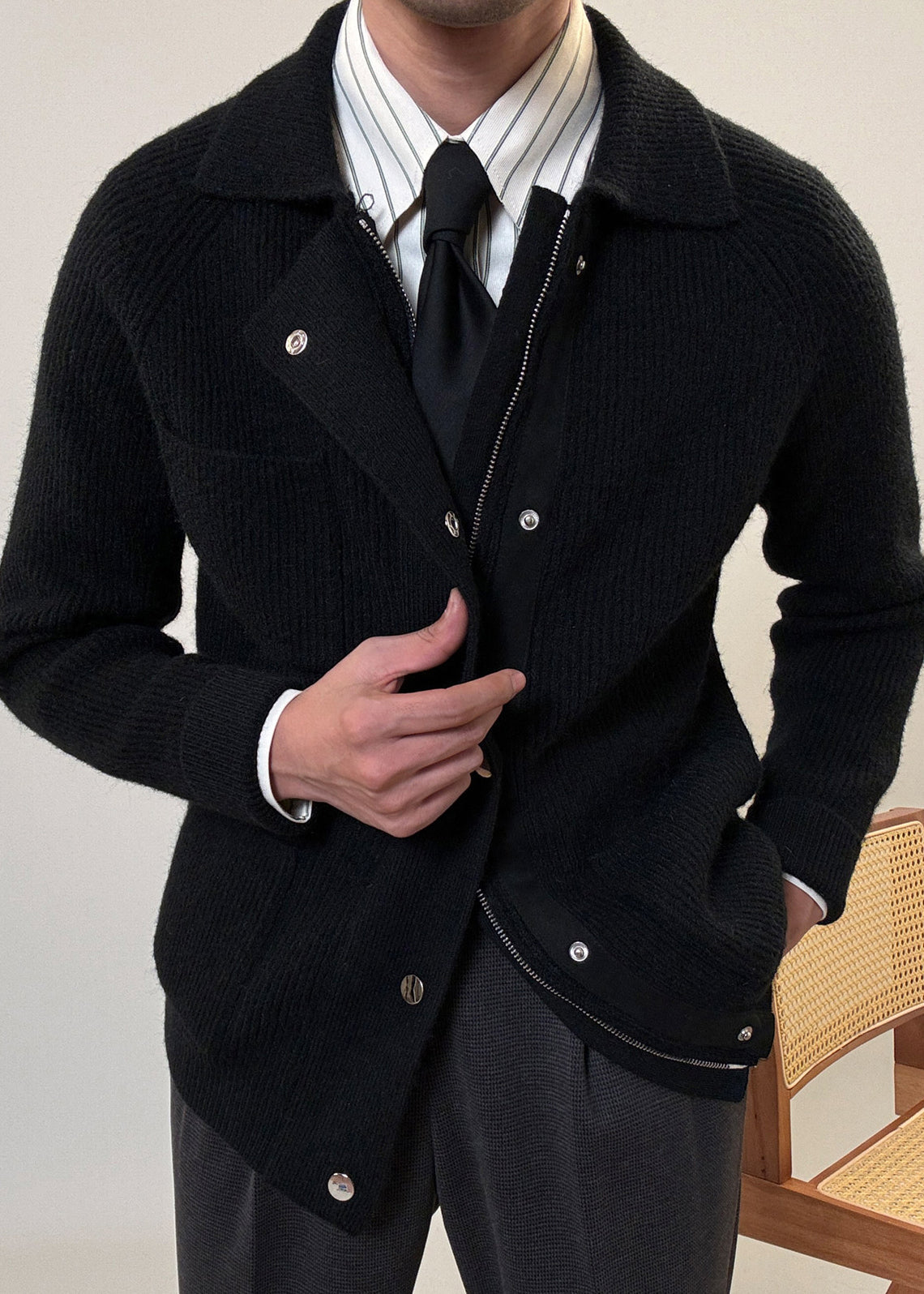 Simple Black Zip Up Pockets Cotton Knit Coat