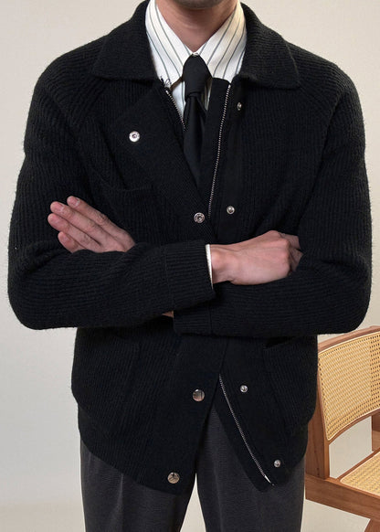 Simple Black Zip Up Pockets Cotton Knit Coat